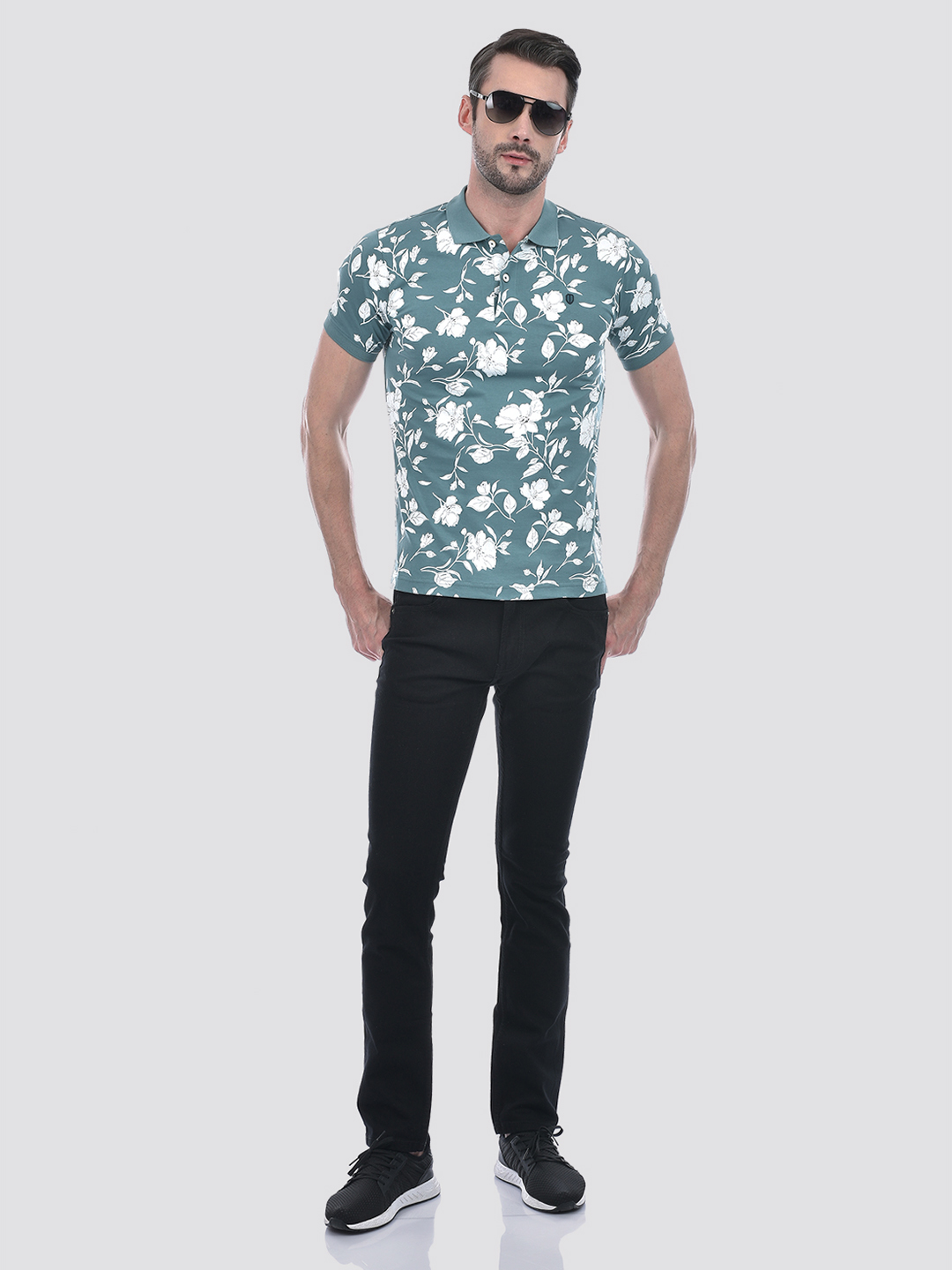 Numero Uno Men Teal Floral Polo T-Shirt